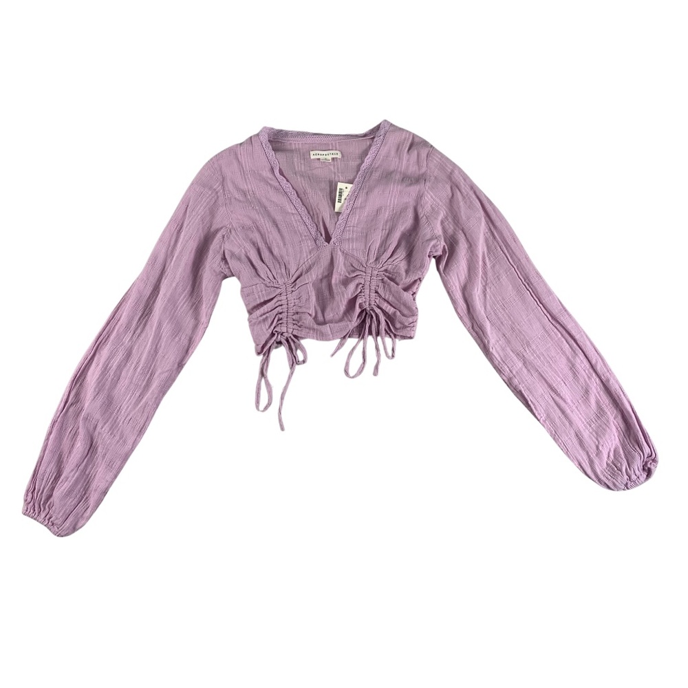 Aeropostale Women's Lilac V-neck Long Sleeve Lacy Runched Crop Top M Coquette